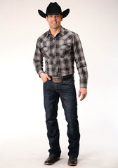 Roper Mens Long Sleeve Snap Black And Grey Plaid Western Shirt