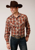 Roper Mens Long Sleeve Snap Rust  Brown And Cream Plaid Western Shirt