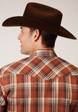 Roper Mens Long Sleeve Snap Rust  Brown And Cream Plaid Western Shirt