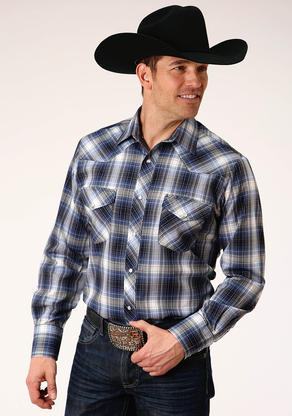 Roper Mens Long Sleeve Snap Navy  Royal  And White Plaid Western Shirt