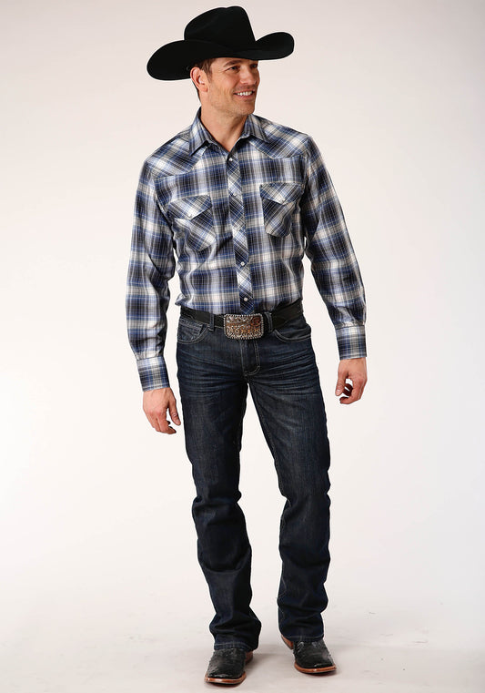 Roper Mens Long Sleeve Snap Navy  Royal  And White Plaid Western Shirt