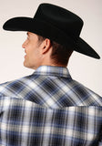 Roper Mens Long Sleeve Snap Navy  Royal  And White Plaid Western Shirt