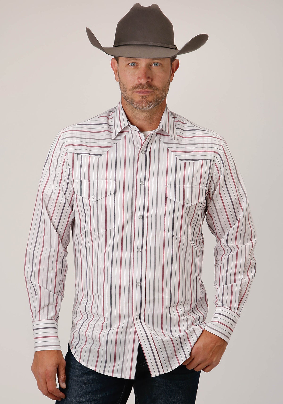 Roper Mens Long Sleeve Snap Navy  Red  Grey Stripe Western Shirt