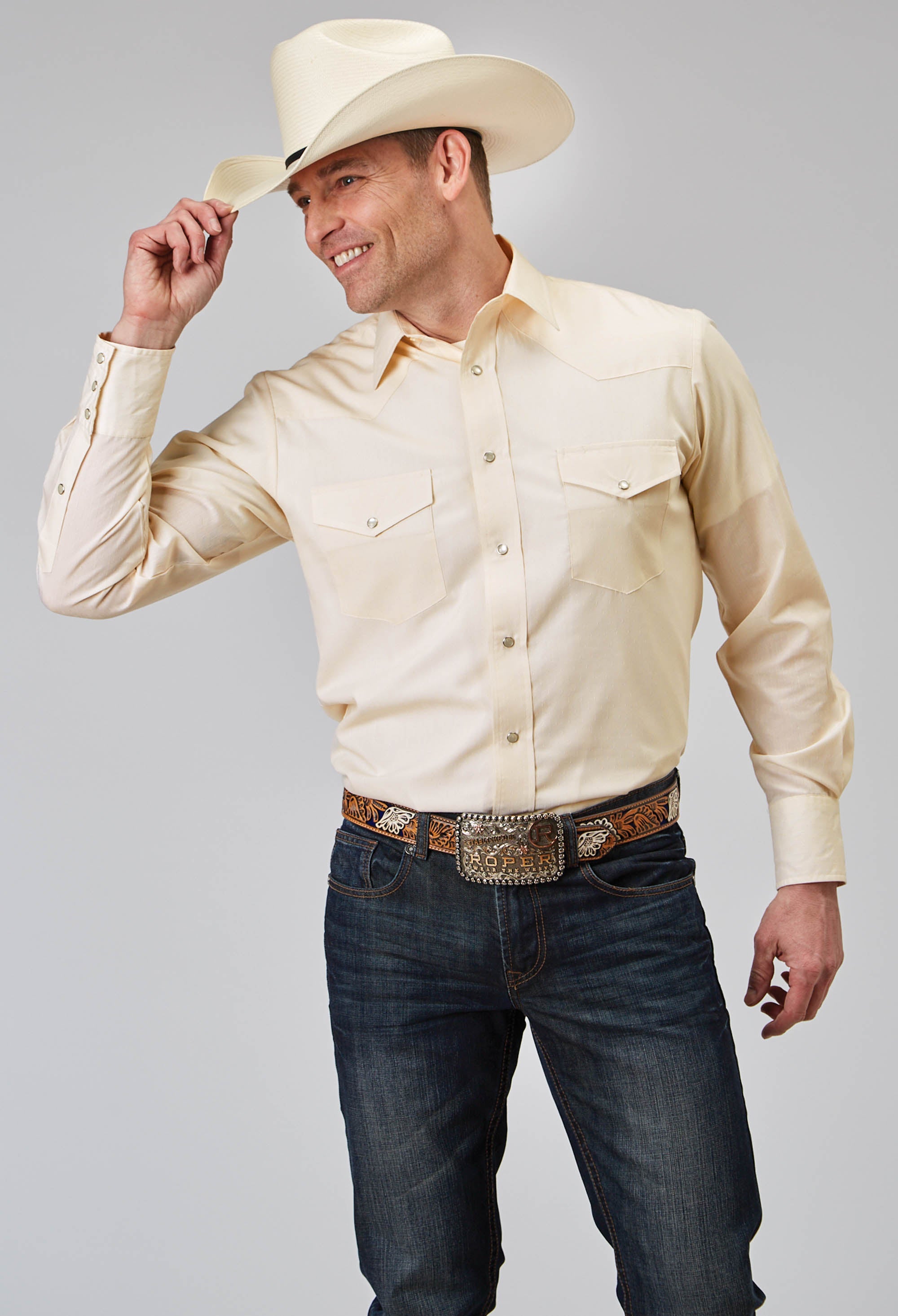 Roper Mens Long Sleeve Snap Cream Tonal Stripe Western Shirt