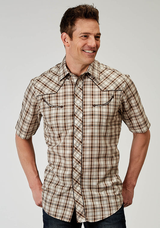 Roper Mens Short Sleeve Snap Desert Plaid Western Shirt With Embroidery On Back Yokes Smile Pockets