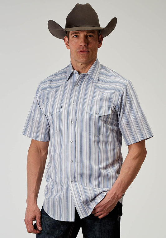 Roper Mens Short Sleeve Snap Blue Stripe Western Shirt