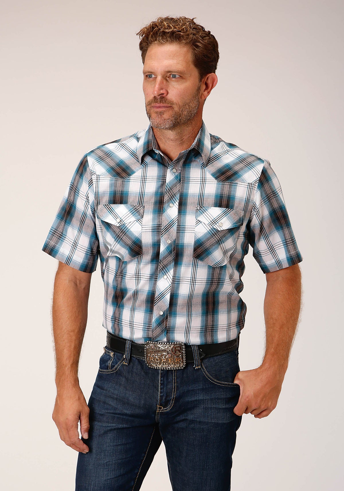 Roper Mens Short Sleeve Snap Peacock Blue Brown Black White Plaid Western Shirt