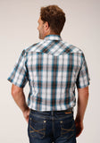 Roper Mens Short Sleeve Snap Peacock Blue Brown Black White Plaid Western Shirt