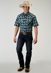 Roper Mens Short Sleeve Snap Ocean Plaid Western Shirt - Roper