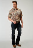 Roper Mens Short Sleeve Snap Brown Plaid Western Shirt