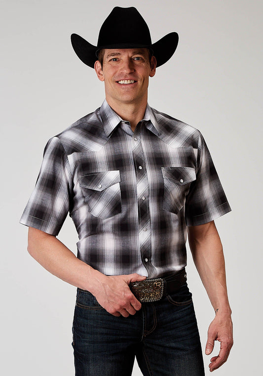 Roper Mens Short Sleeve Snap Black And White Plaid Western Shirt