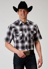 Roper Mens Short Sleeve Snap Black And White Plaid Western Shirt - Roper