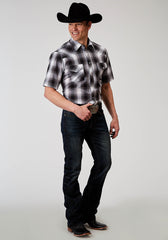 Roper Mens Short Sleeve Snap Black And White Plaid Western Shirt