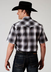 Roper Mens Short Sleeve Snap Black And White Plaid Western Shirt - Roper