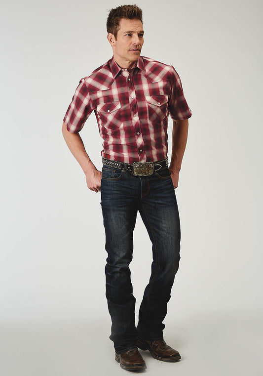 Roper Mens Short Sleeve Snap Red Plaid Western Shirt