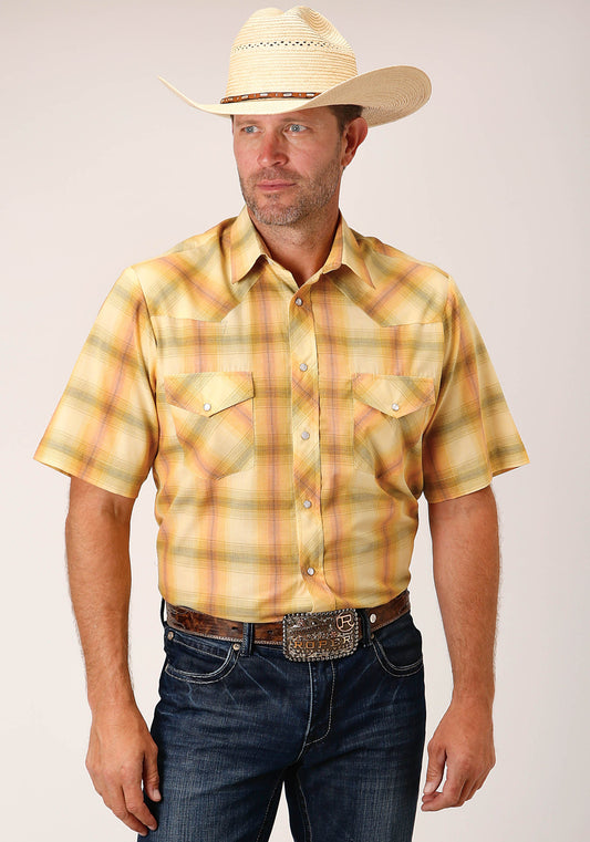 Roper Mens Short Sleeve Snap Yellow And Tangerine Plaid Western Shirt Tall Fit