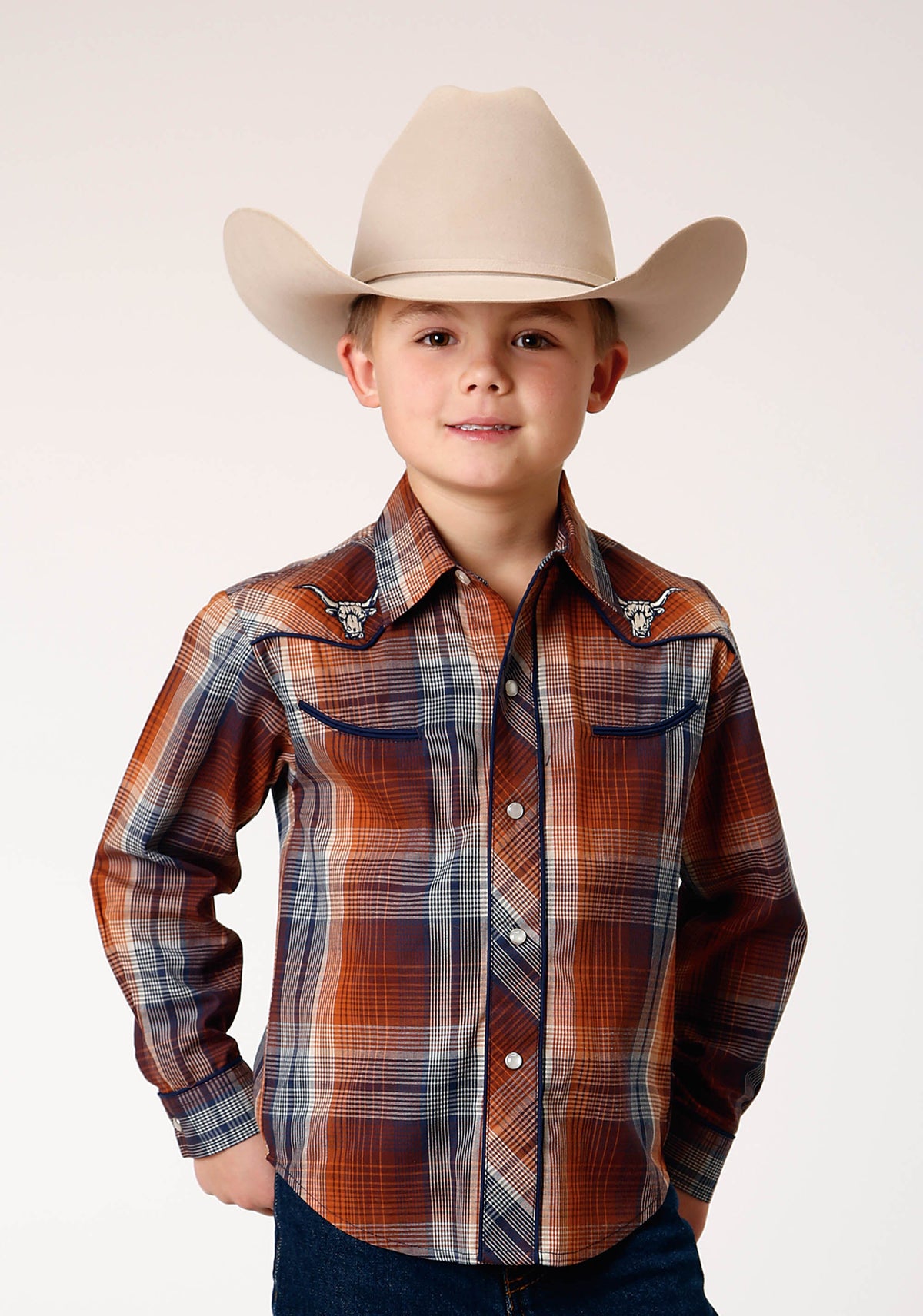 Roper Boys Long Sleeve Snap Brown Navy Cream Plaid Western Shirt With Piping And Embroidery On Yokes