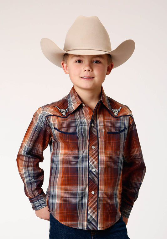 Roper Boys Long Sleeve Snap Brown Navy Cream Plaid Western Shirt With Piping And Embroidery On Yokes - Roper