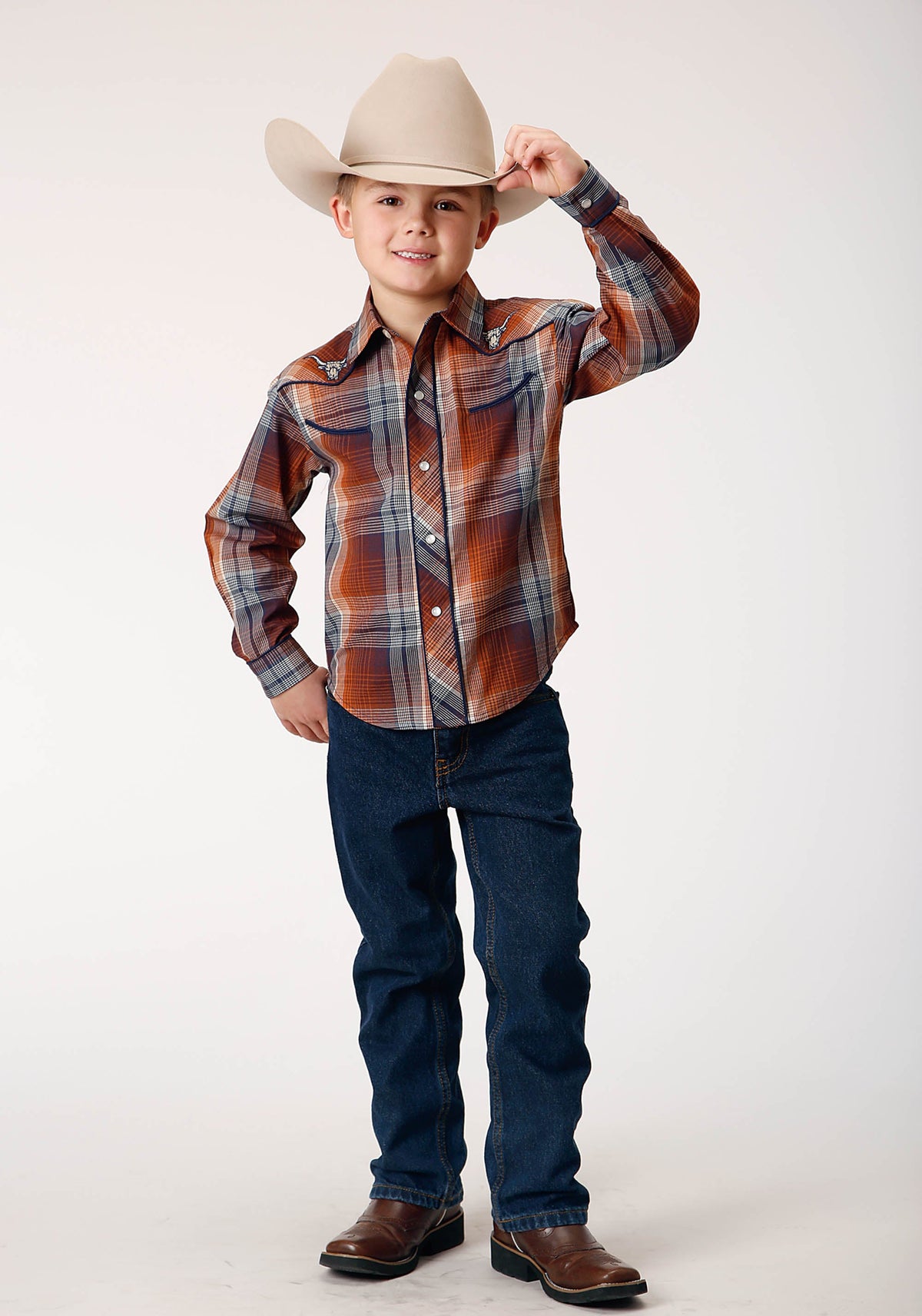 Roper Boys Long Sleeve Snap Brown Navy Cream Plaid Western Shirt With Piping And Embroidery On Yokes