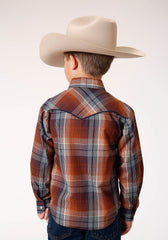 Roper Boys Long Sleeve Snap Brown Navy Cream Plaid Western Shirt With Piping And Embroidery On Yokes - Roper