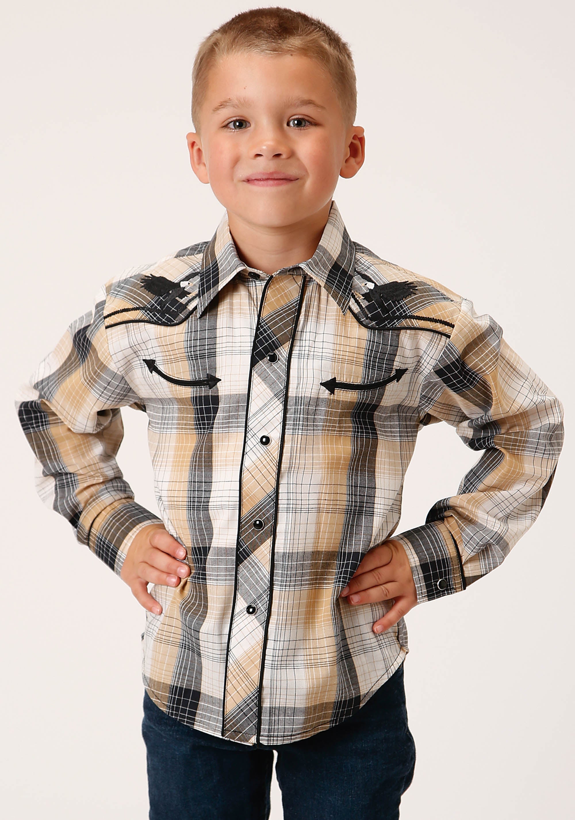 Roper Boys Long Sleeve Snap Black Khaki White Plaid Western Shirt With Piping And Embroidery On Yokes