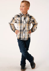 Roper Boys Long Sleeve Snap Black Khaki White Plaid Western Shirt With Piping And Embroidery On Yokes