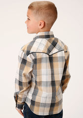 Roper Boys Long Sleeve Snap Black Khaki White Plaid Western Shirt With Piping And Embroidery On Yokes