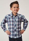 Roper Boys Long Sleeve Snap Americana Plaid Western Shirt With Embroidery On Back Yokes Smile Pockets