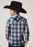 Roper Boys Long Sleeve Snap Americana Plaid Western Shirt With Embroidery On Back Yokes Smile Pockets