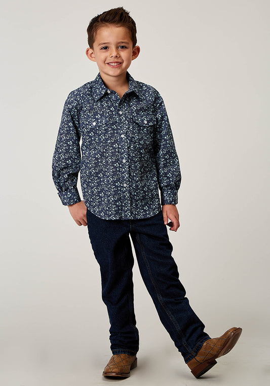 Roper Boys Long Sleeve Snap Ditsy Floral Print Western Shirt