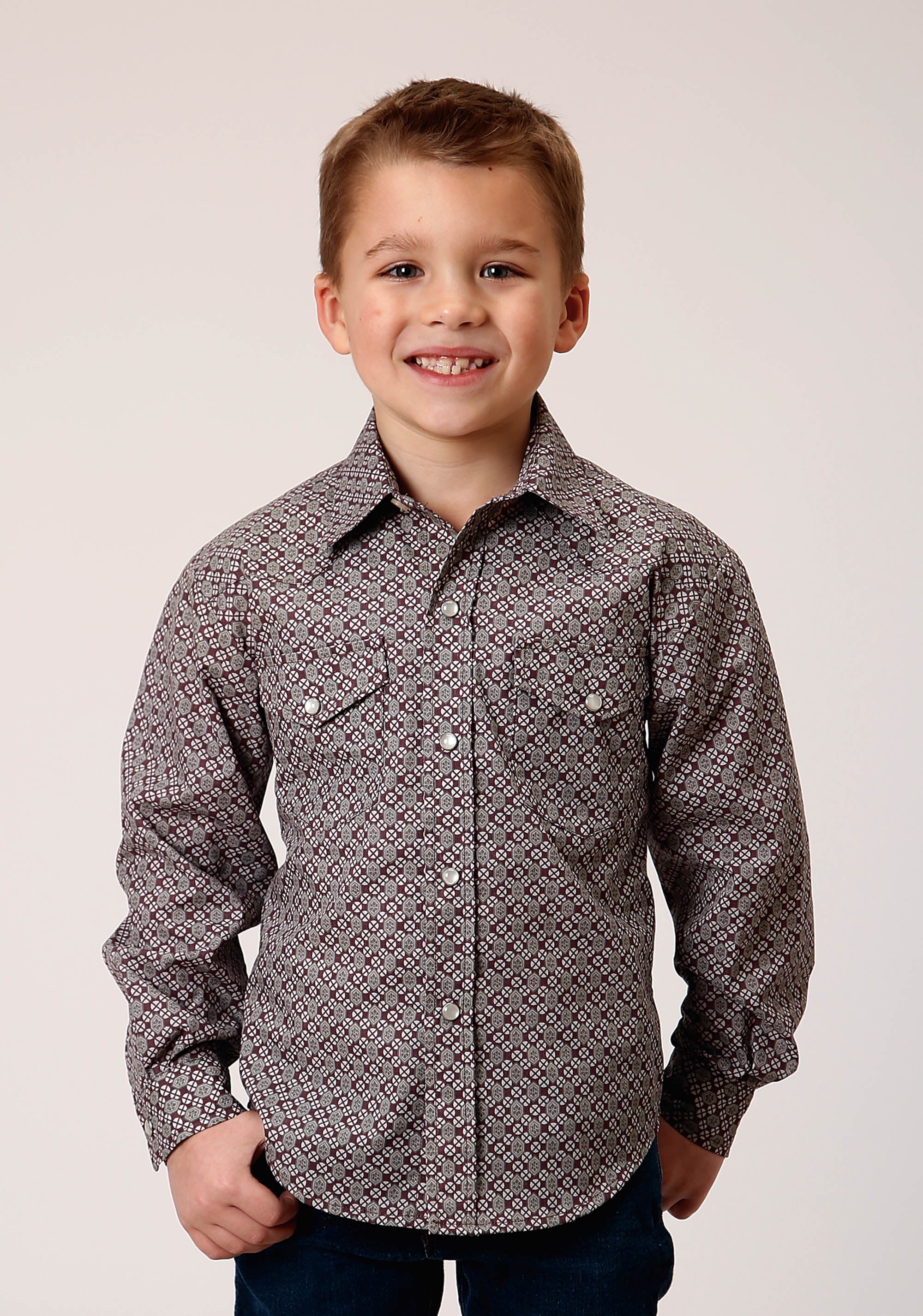 Roper Boys Long Sleeve Snap Wine Taupe Retro Print Western Shirt - Roper