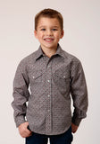 Roper Boys Long Sleeve Snap Wine Taupe Retro Print Western Shirt