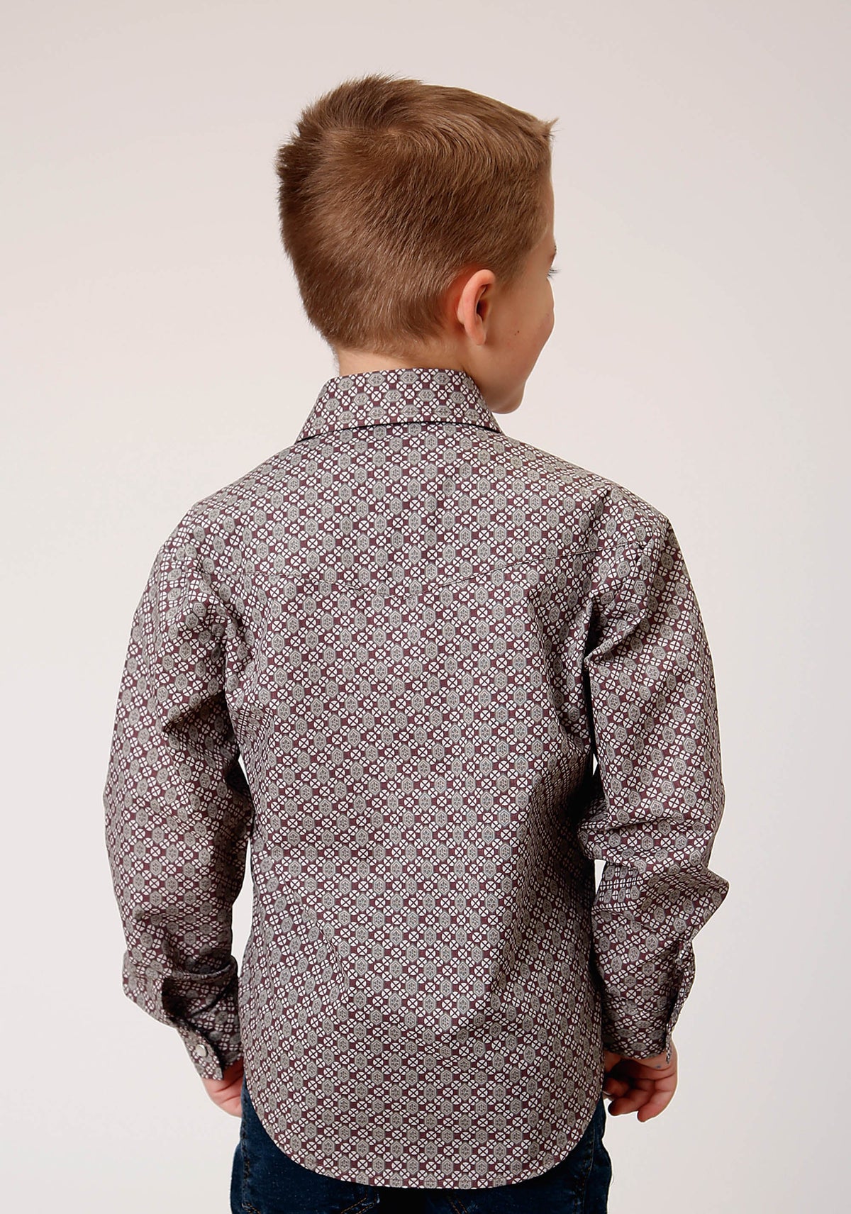 Roper Boys Long Sleeve Snap Wine Taupe Retro Print Western Shirt