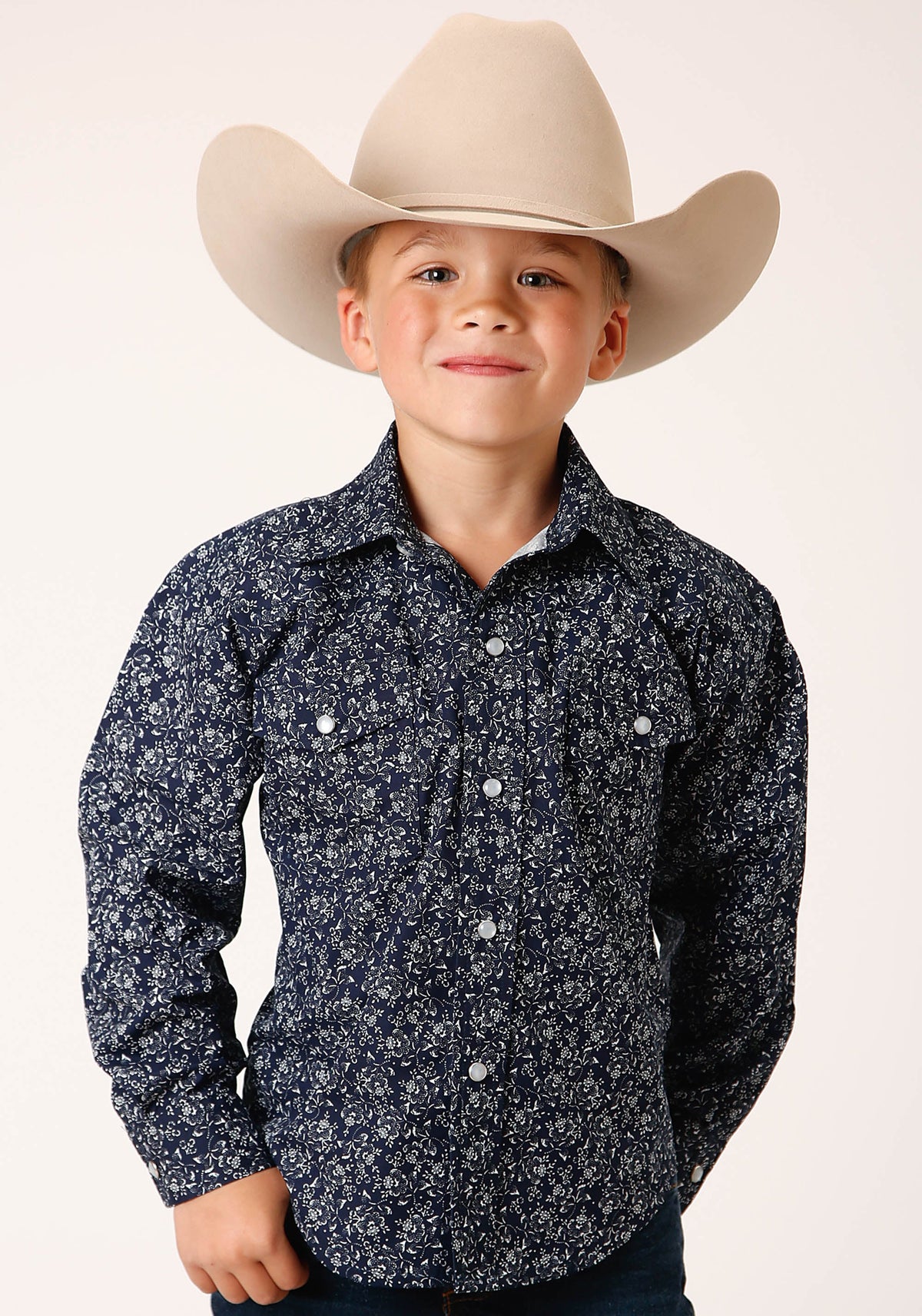 Roper Boys Long Sleeve Snap Navy And White Floral Print Western Shirt