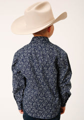 Roper Boys Long Sleeve Snap Navy And White Floral Print Western Shirt