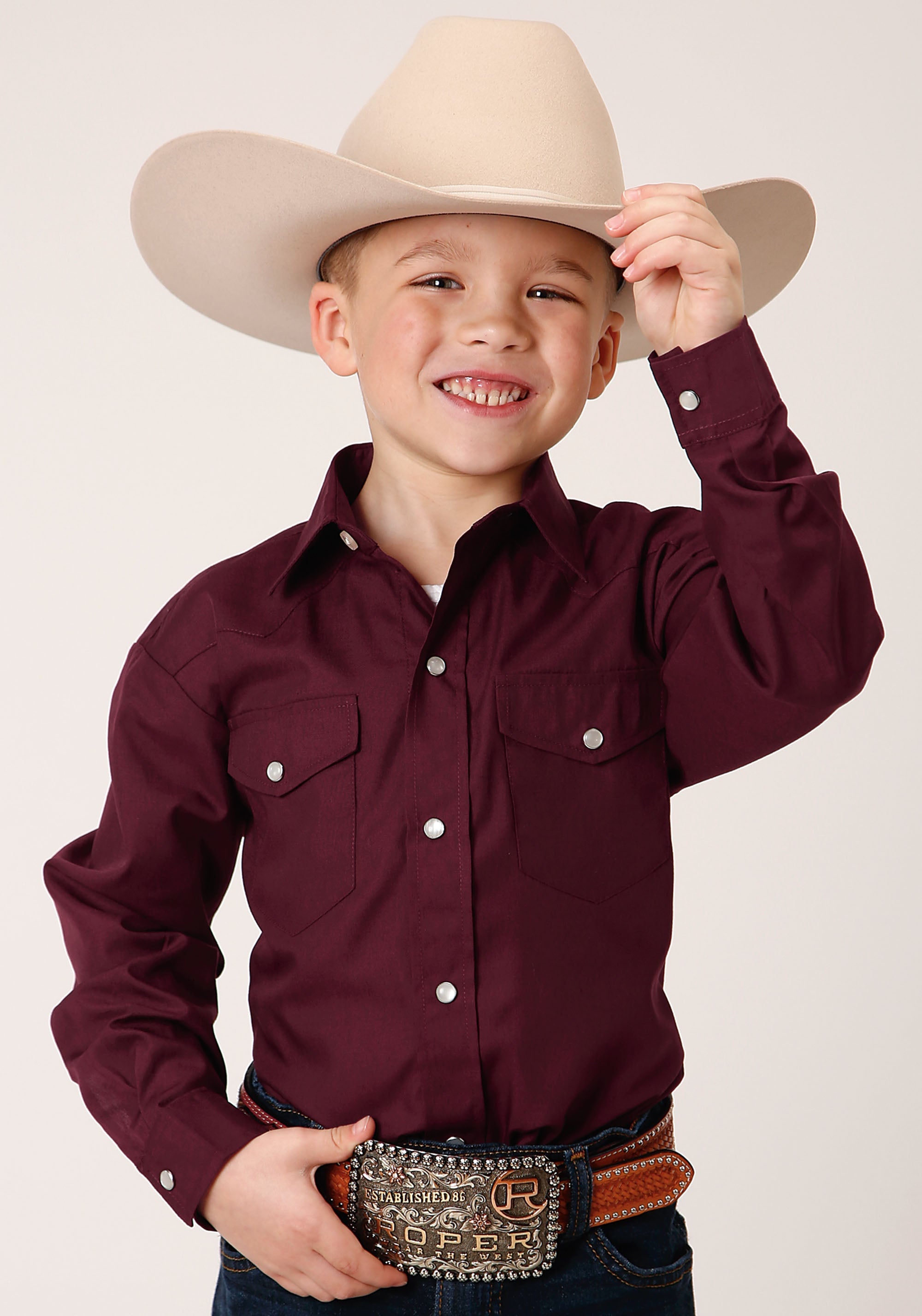 Roper Boys Long Sleeve Snap Solid Broadcloth  Wine Western Shirt