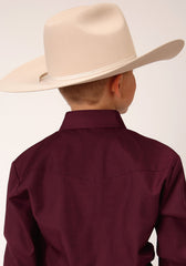 Roper Boys Long Sleeve Snap Solid Broadcloth  Wine Western Shirt