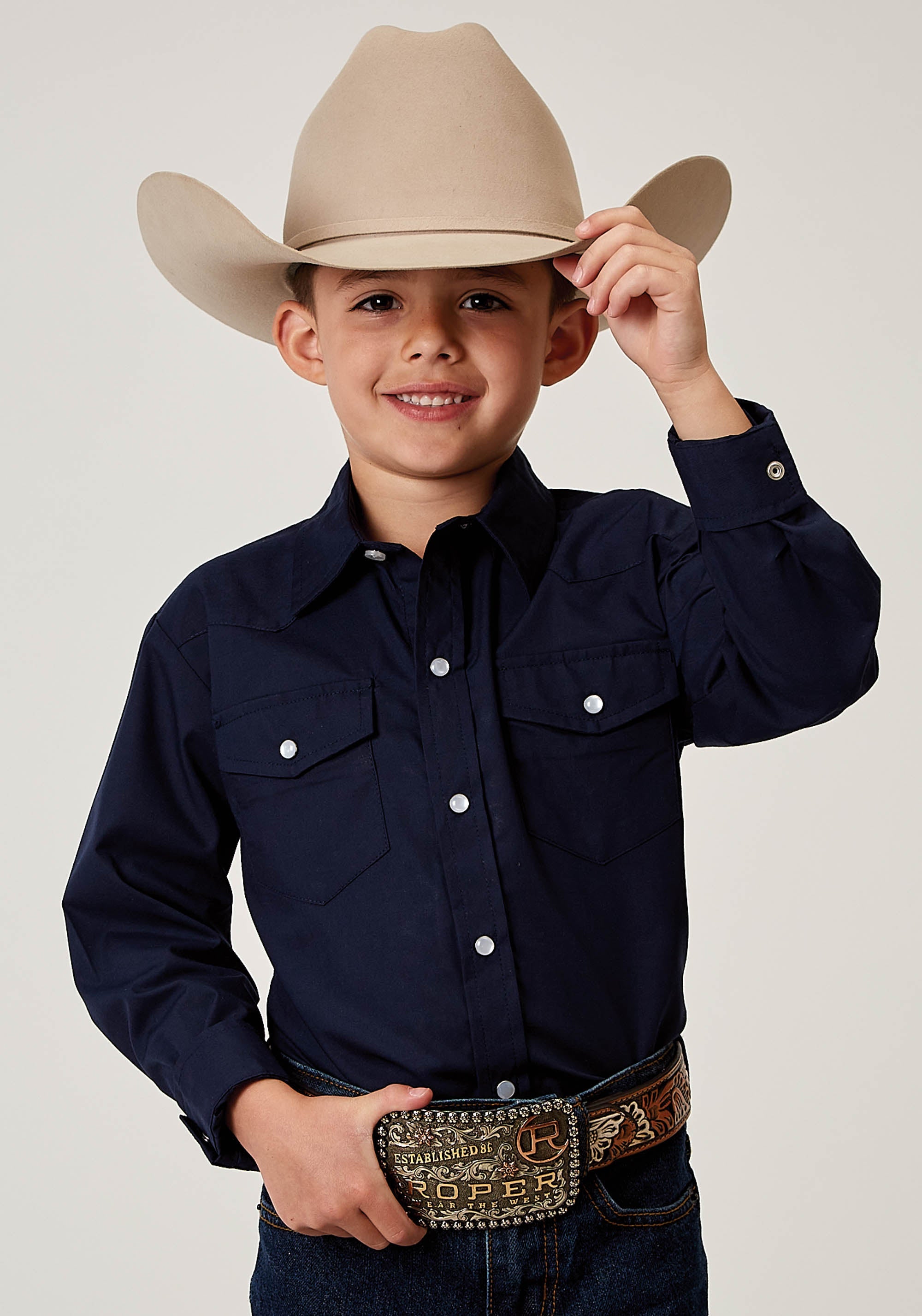 Roper Boys Long Sleeve Snap Solid Broadcloth Deep Navy Western Shirt