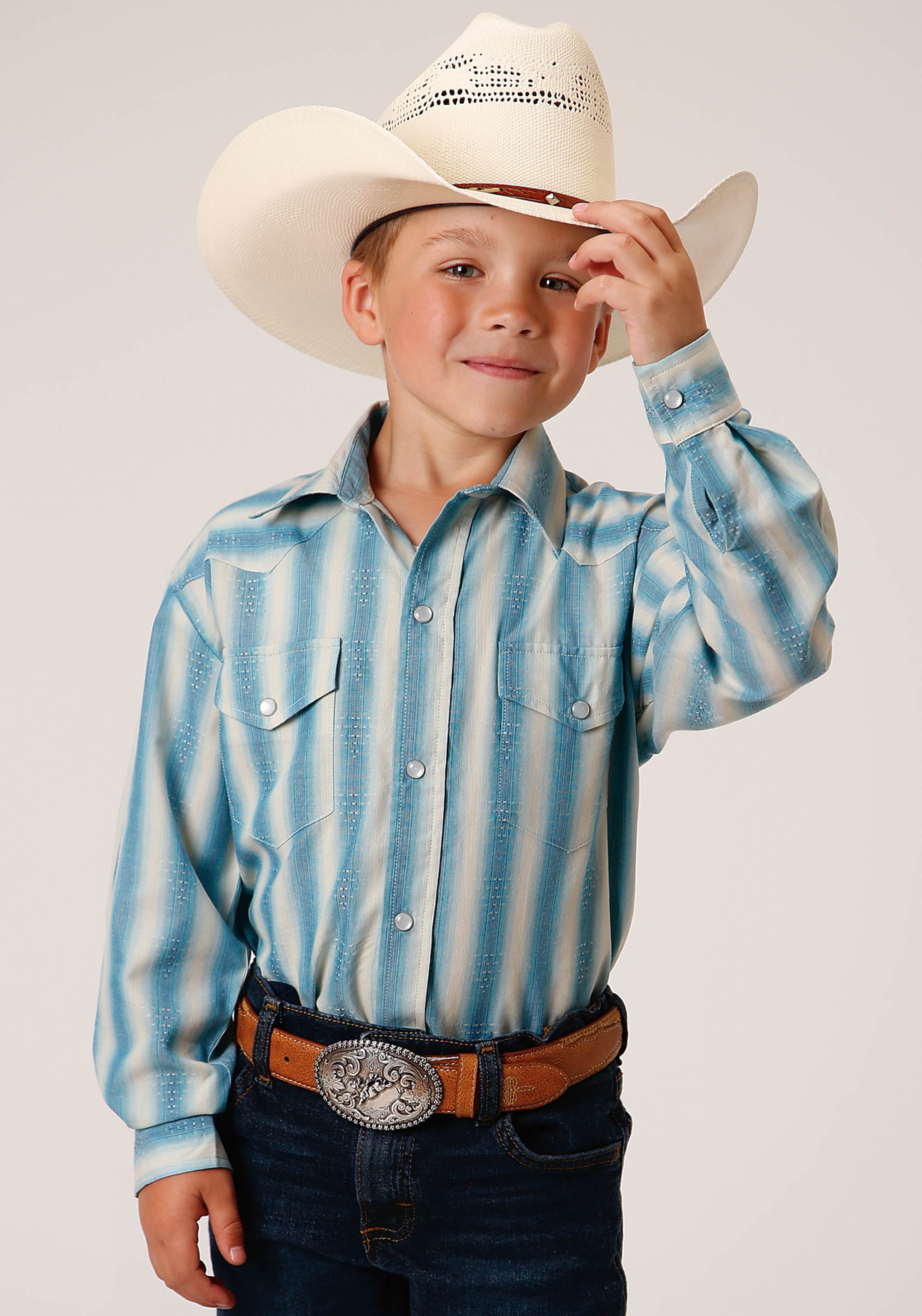 Roper Boys Long Sleeve Snap Aqua And Cream Ombre Stripe Western Shirt