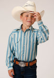 Roper Boys Long Sleeve Snap Aqua And Cream Ombre Stripe Western Shirt