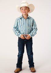 Roper Boys Long Sleeve Snap Aqua And Cream Ombre Stripe Western Shirt