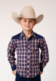 Roper Boys Long Sleeve Snap Navy Red Cream Plaid Western Shirt With Solid Yokes And Smile Pockets