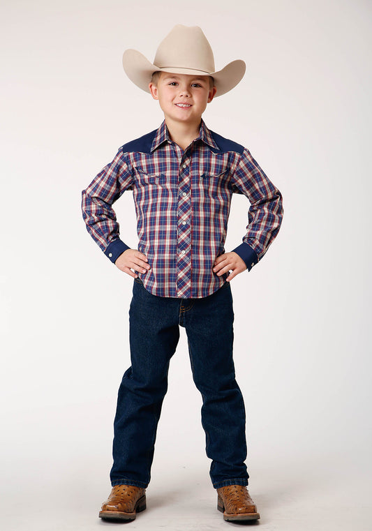 Roper Boys Long Sleeve Snap Navy Red Cream Plaid Western Shirt With Solid Yokes And Smile Pockets