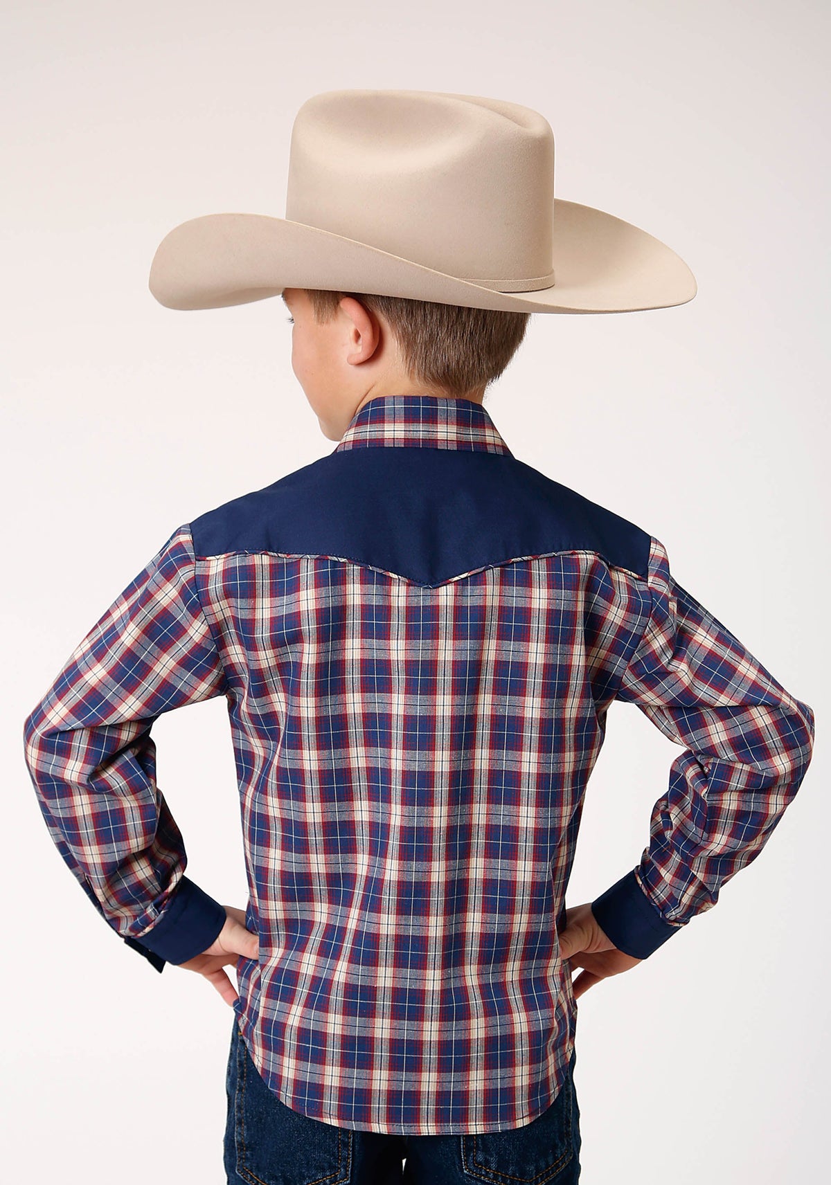 Roper Boys Long Sleeve Snap Navy Red Cream Plaid Western Shirt With Solid Yokes And Smile Pockets