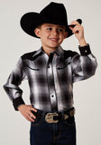 Roper Boys Long Sleeve Snap Black And White Plaid Western Shirt With Piping Solid Yokes Smile Pockets