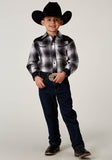 Roper Boys Long Sleeve Snap Black And White Plaid Western Shirt With Piping Solid Yokes Smile Pockets