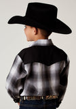 Roper Boys Long Sleeve Snap Black And White Plaid Western Shirt With Piping Solid Yokes Smile Pockets