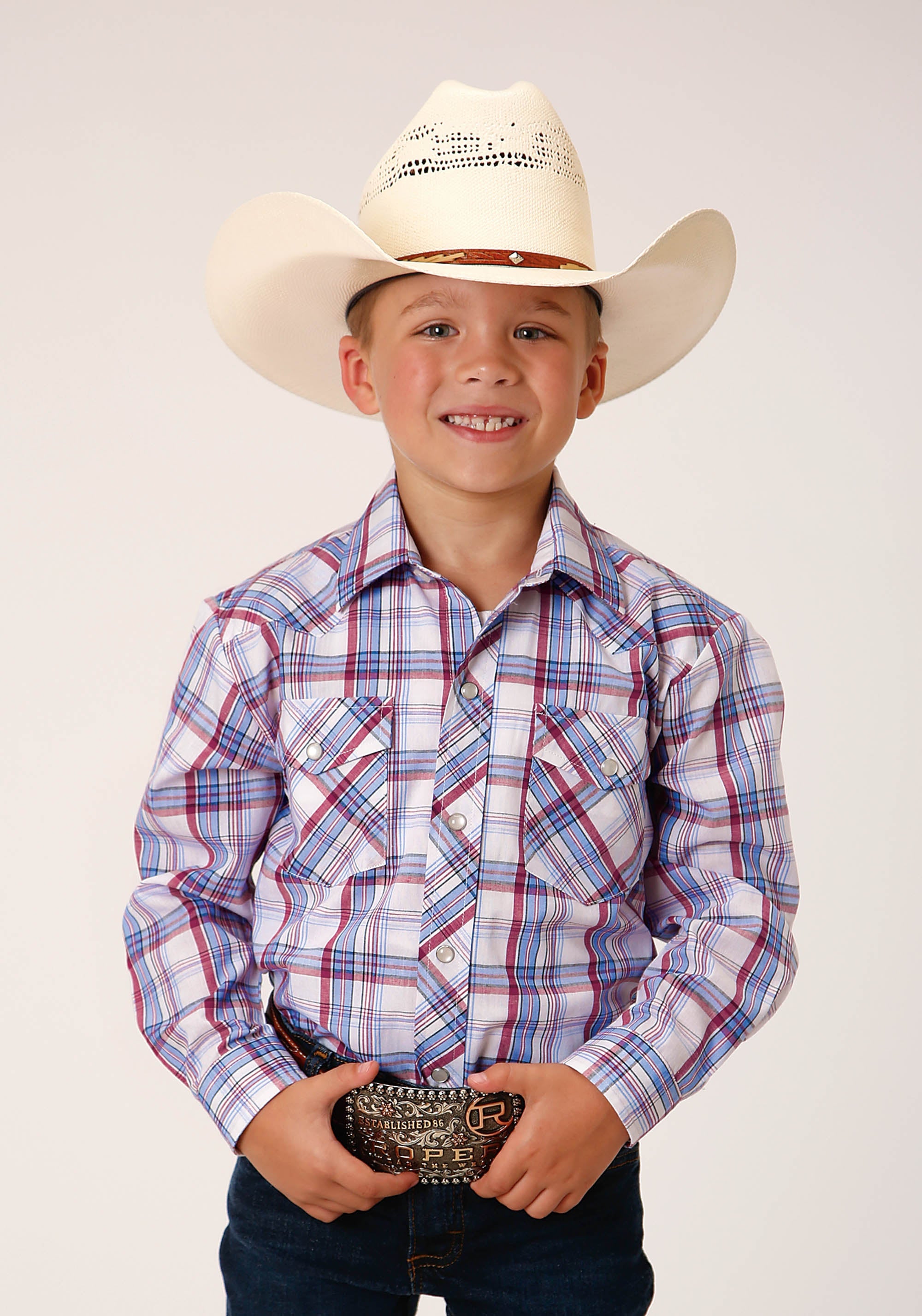 Roper Boys Long Sleeve Snap White Berry Light Blue Plaid Western Shirt