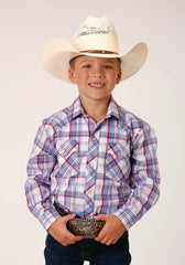 Roper Boys Long Sleeve Snap White Berry Light Blue Plaid Western Shirt - Roper