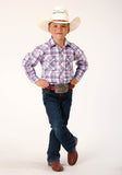 Roper Boys Long Sleeve Snap White Berry Light Blue Plaid Western Shirt